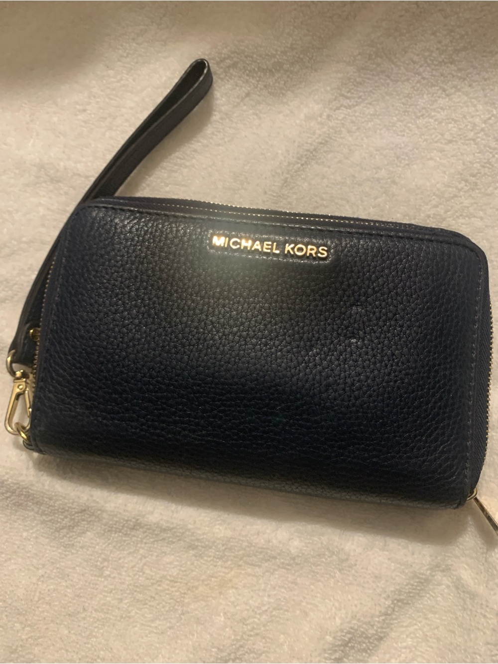 Michael Kors Double Zip Navy Pebbled Leather Wallet w/Gold Logo Plate Wristlet